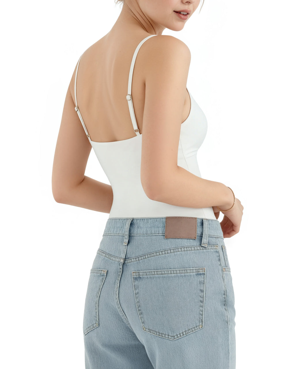 MANGOPOP Boat Neck Tank Double Lined Sleeveless Bodysuit White