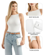 MANGOPOP Boat Neck Tank Double Lined Sleeveless Bodysuit White