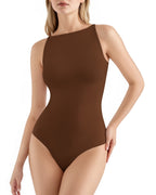 MANGOPOP Boat Neck Tank Double Lined Sleeveless Bodysuit Coffee