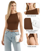MANGOPOP Boat Neck Tank Double Lined Sleeveless Bodysuit Coffee