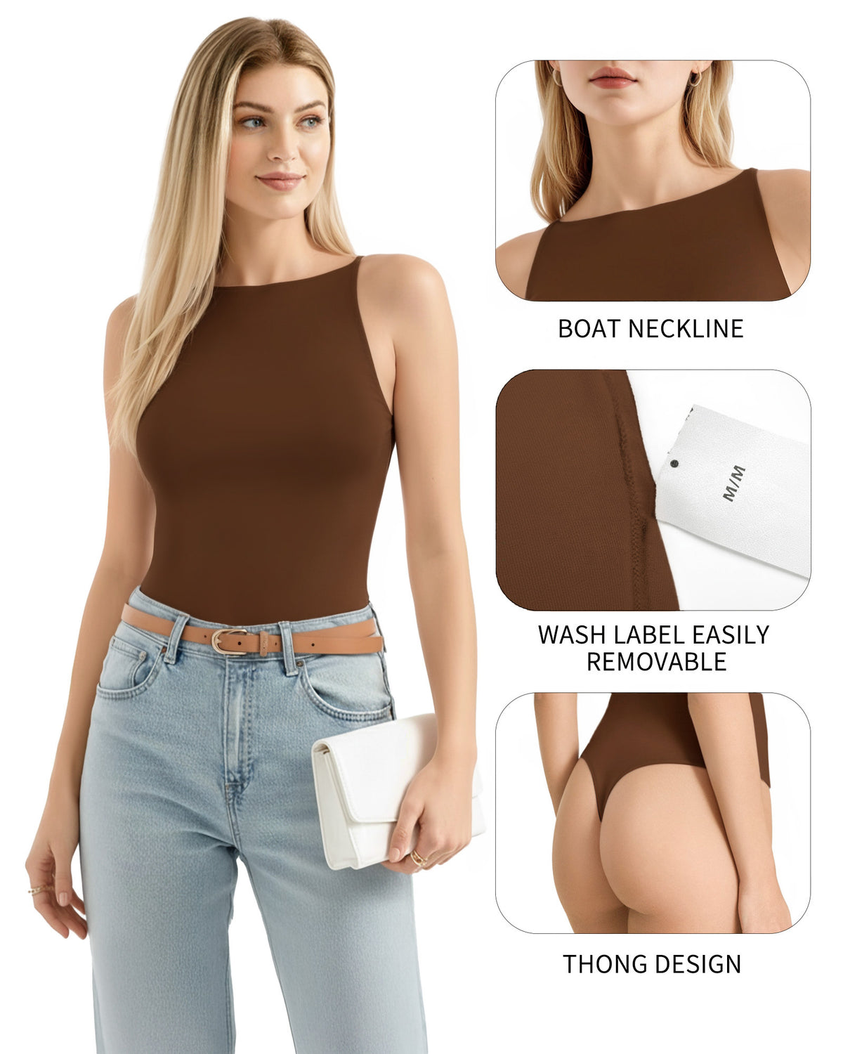 MANGOPOP Boat Neck Tank Double Lined Sleeveless Bodysuit Coffee