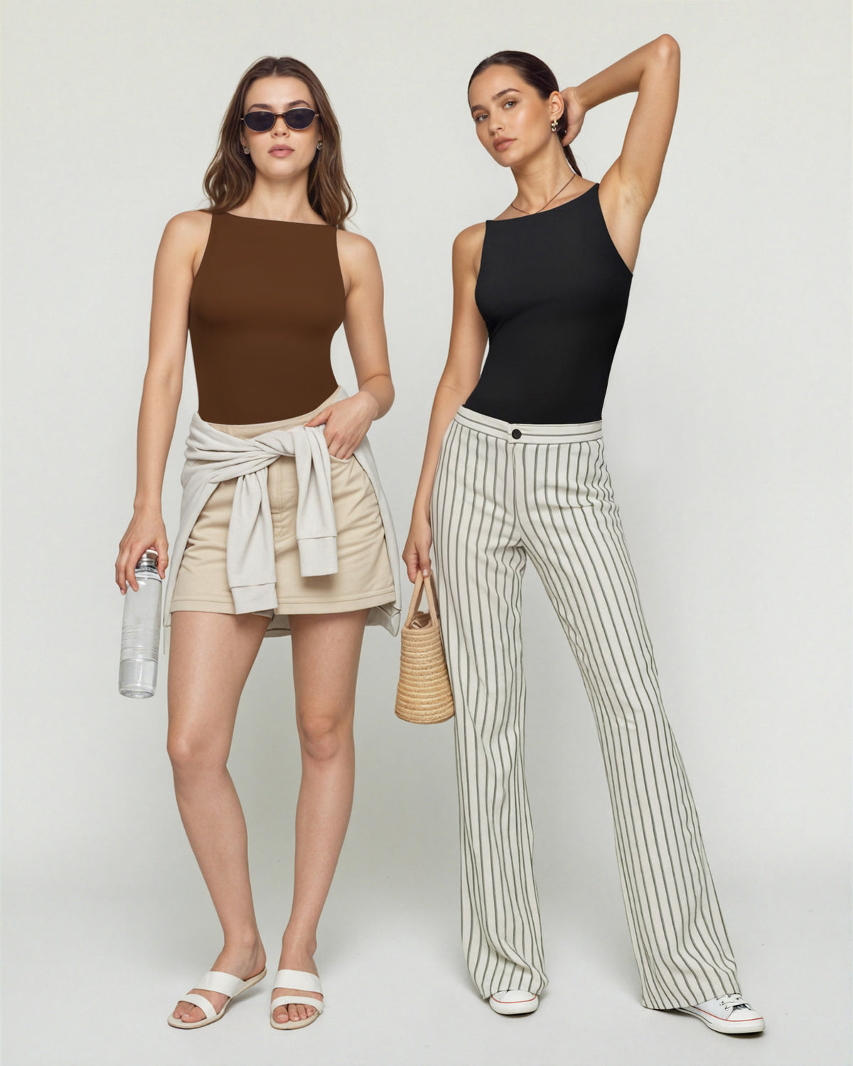MANGOPOP Boat Neck Tank Double Lined Sleeveless Bodysuit Coffee