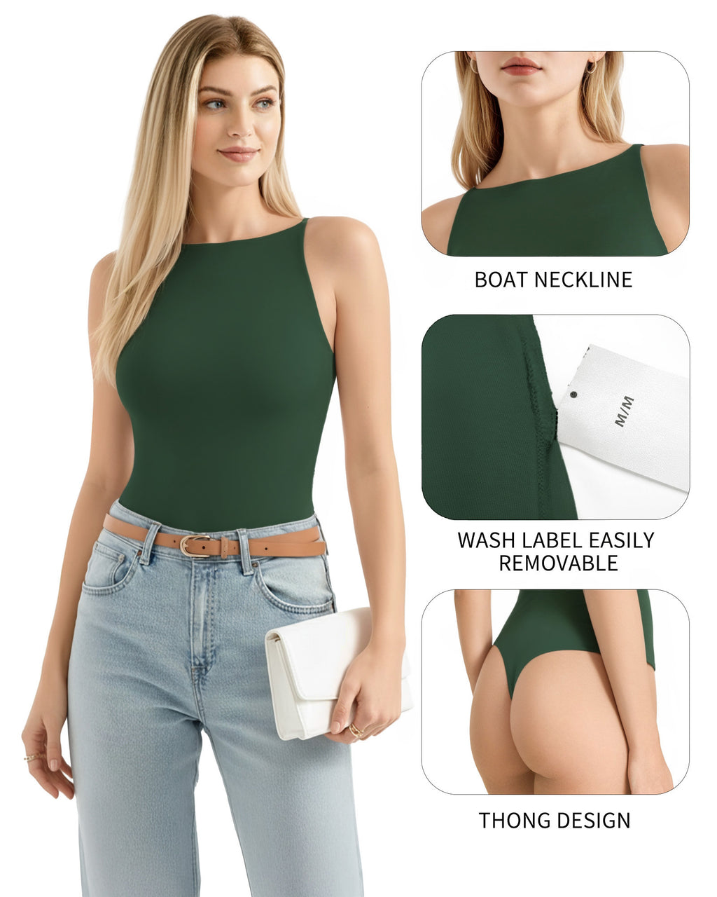 MANGOPOP Boat Neck Tank Double Lined Sleeveless Bodysuit Deep Green