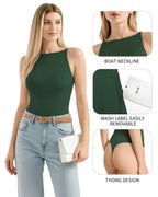 MANGOPOP Boat Neck Tank Double Lined Sleeveless Bodysuit Deep Green