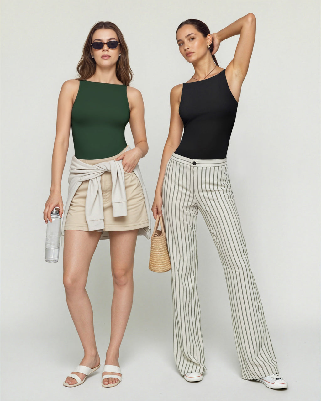 MANGOPOP Boat Neck Tank Double Lined Sleeveless Bodysuit Deep Green