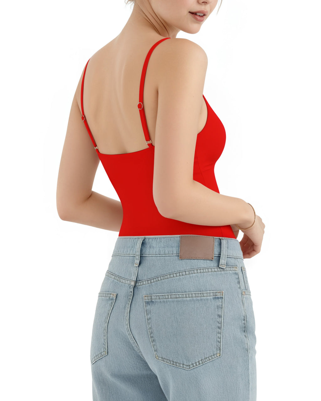 MANGOPOP Boat Neck Tank Double Lined Sleeveless Bodysuit Red