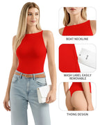 MANGOPOP Boat Neck Tank Double Lined Sleeveless Bodysuit Red