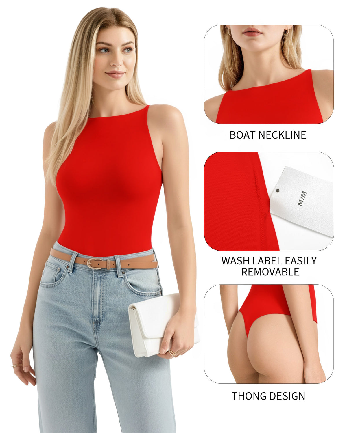 MANGOPOP Boat Neck Tank Double Lined Sleeveless Bodysuit Red