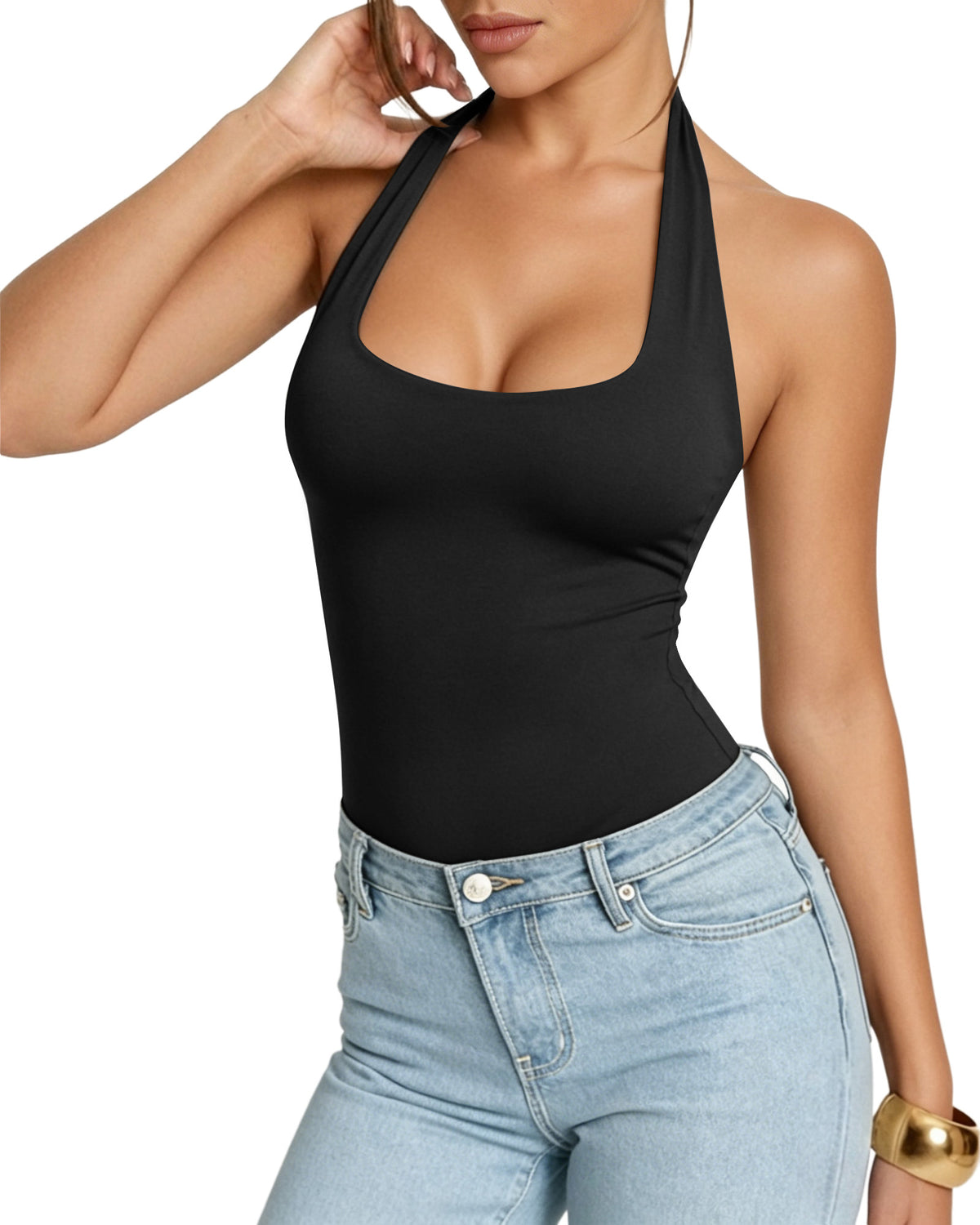 MANGOPOP Halter Scoop Neck Backless Sleeveless Thong Bodysuit Black