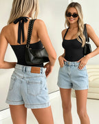 MANGOPOP Halter Scoop Neck Backless Sleeveless Thong Bodysuit Black
