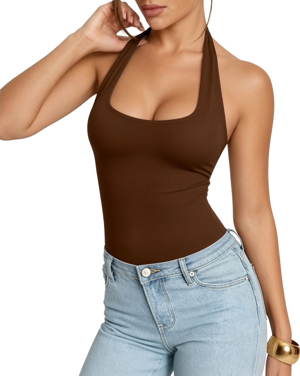 MANGOPOP Halter Scoop Neck Backless Sleeveless Thong Bodysuit Coffee