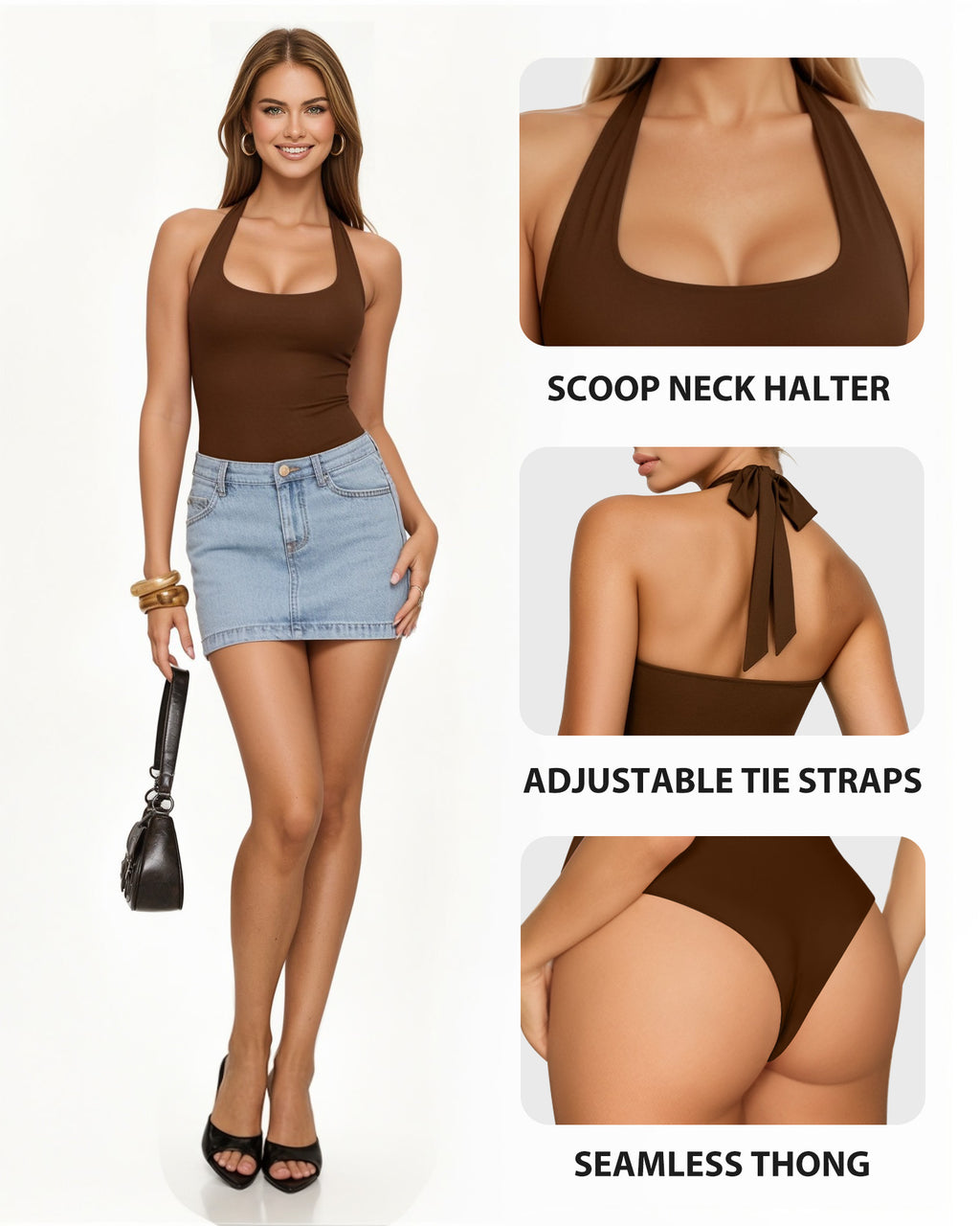 MANGOPOP Halter Scoop Neck Backless Sleeveless Thong Bodysuit Coffee