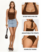 MANGOPOP Halter Scoop Neck Backless Sleeveless Thong Bodysuit Coffee