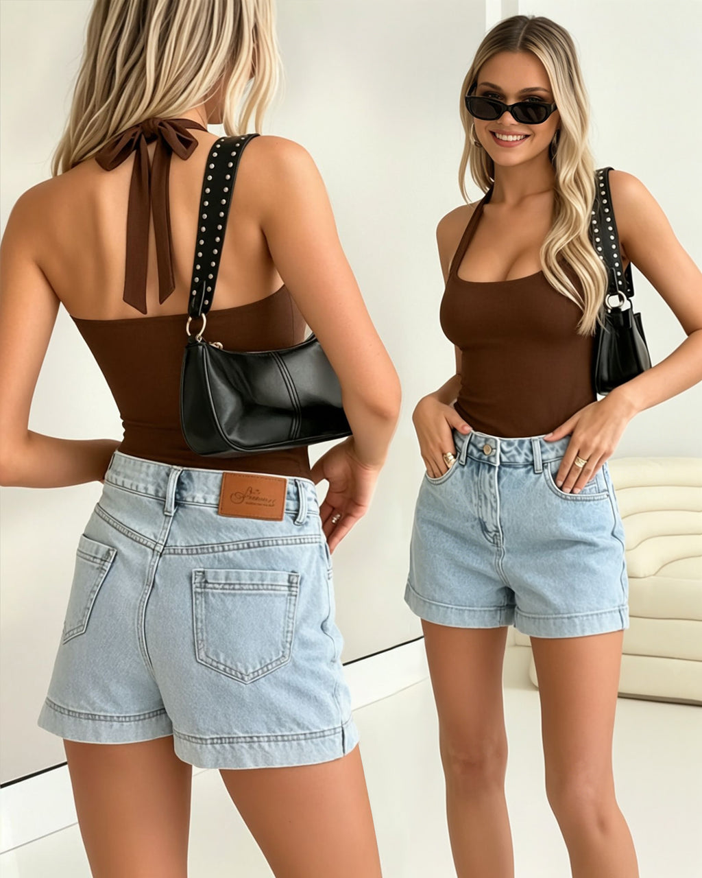 MANGOPOP Halter Scoop Neck Backless Sleeveless Thong Bodysuit Coffee