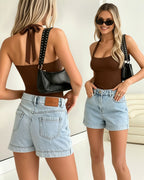 MANGOPOP Halter Scoop Neck Backless Sleeveless Thong Bodysuit Coffee