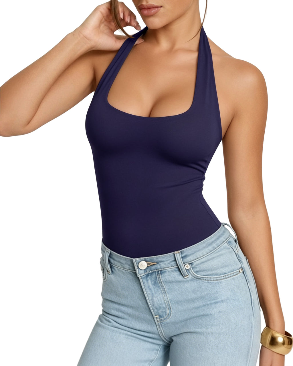 MANGOPOP Halter Scoop Neck Backless Sleeveless Thong Bodysuit Deep Blue