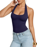 MANGOPOP Halter Scoop Neck Backless Sleeveless Thong Bodysuit Deep Blue