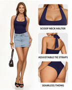 MANGOPOP Halter Scoop Neck Backless Sleeveless Thong Bodysuit Deep Blue