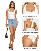 MANGOPOP Halter Scoop Neck Backless Sleeveless Thong Bodysuit White