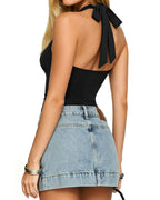 MANGOPOP Cowl Neck Halter Backless Sleeveless Open Bodysuit Black