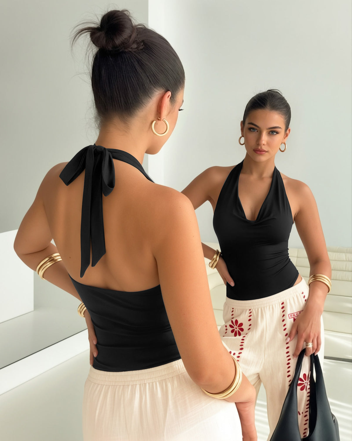 MANGOPOP Cowl Neck Halter Backless Sleeveless Open Bodysuit Black