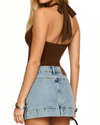 MANGOPOP Cowl Neck Halter Backless Sleeveless Open Bodysuit Coffee