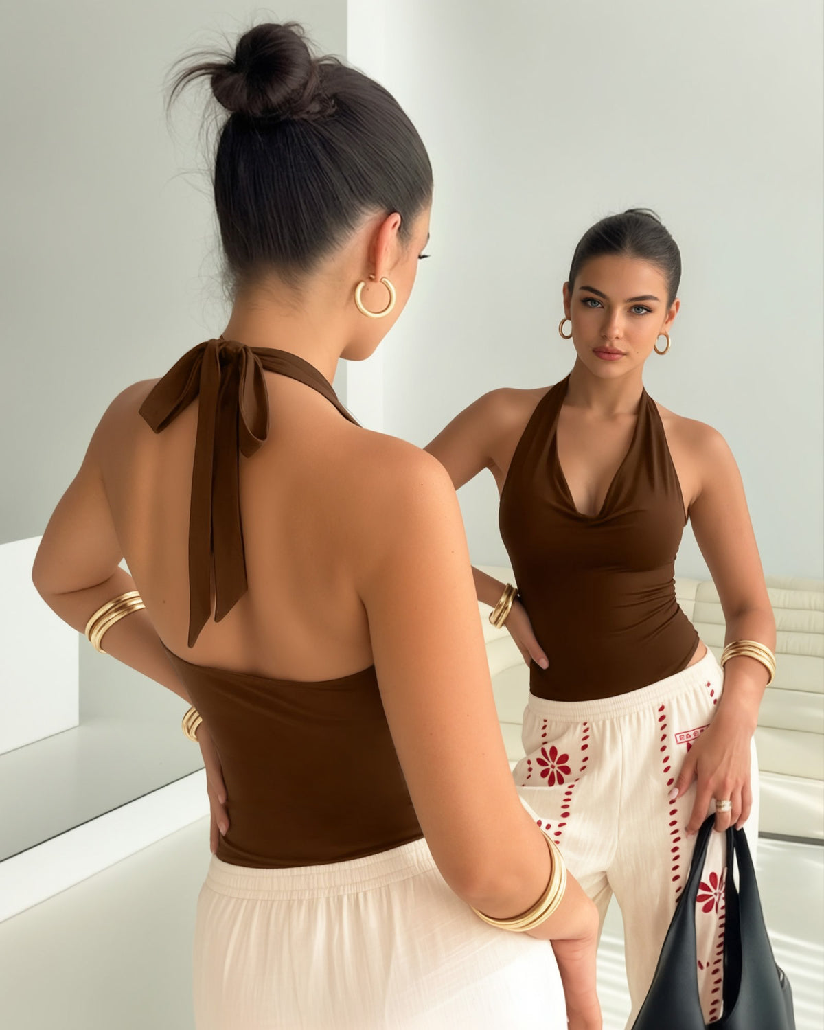 MANGOPOP Cowl Neck Halter Backless Sleeveless Open Bodysuit Coffee