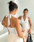 MANGOPOP Cowl Neck Halter Backless Sleeveless Open Bodysuit White