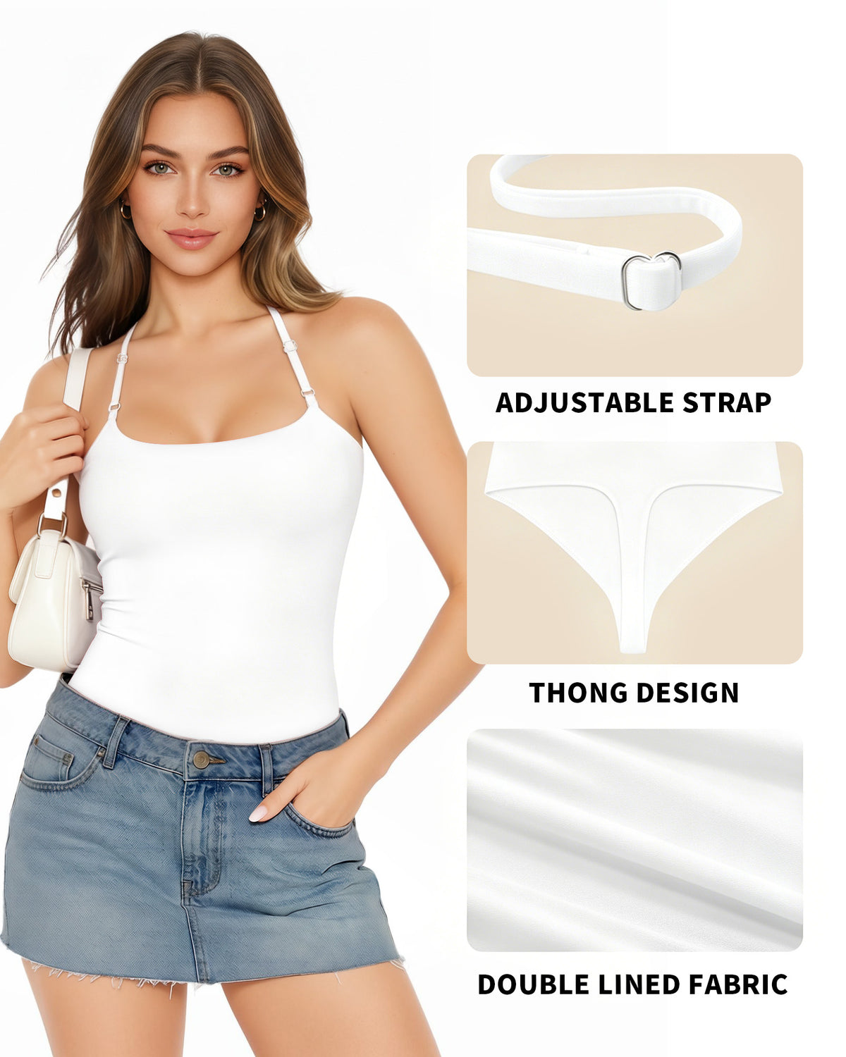 MANGOPOP Halter Neck Tank Thong Bodysuit White