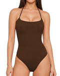 MANGOPOP Halter Neck Tank Thong Bodysuit Coffee