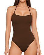 MANGOPOP Halter Neck Tank Thong Bodysuit Coffee