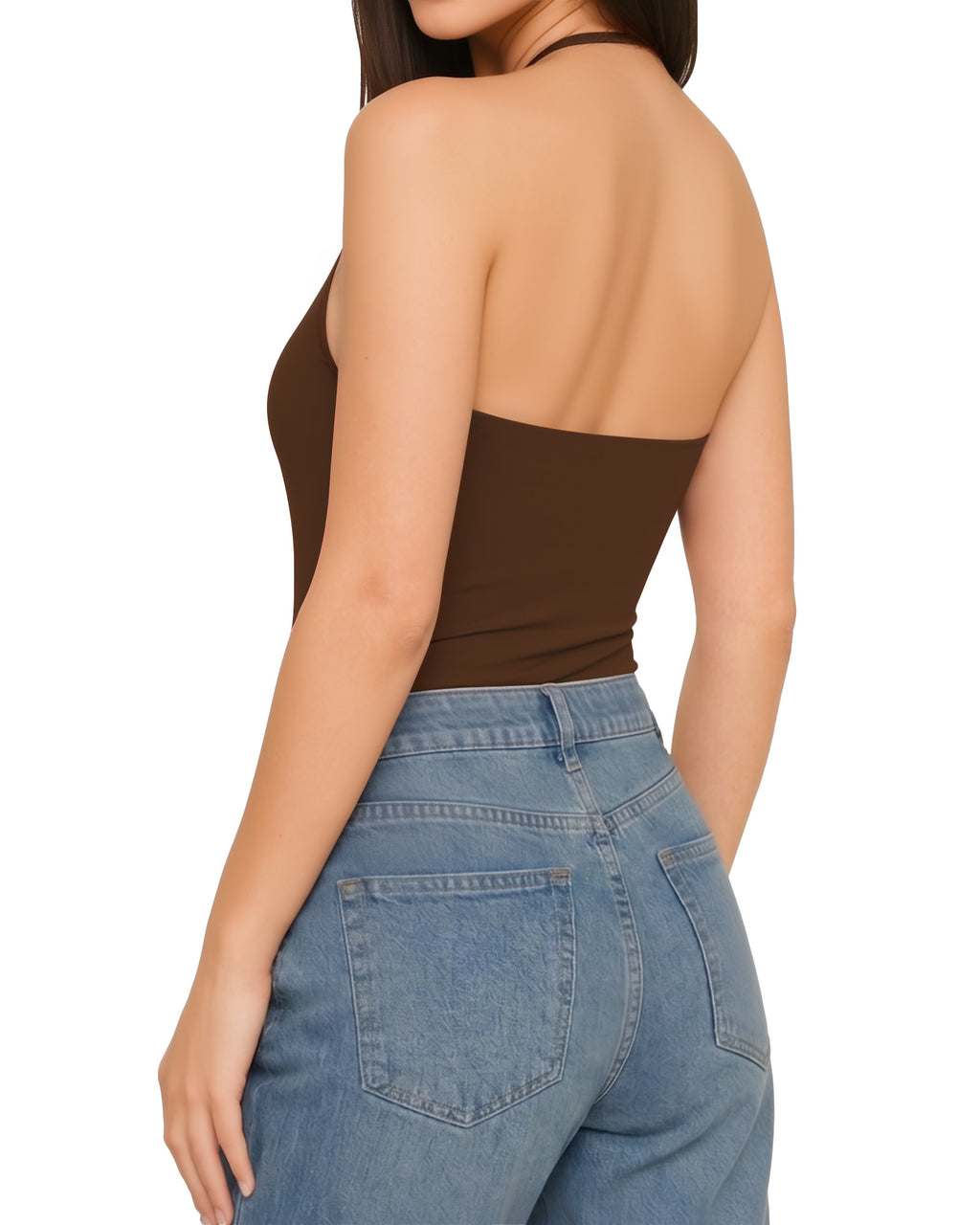 MANGOPOP Halter Neck Tank Thong Bodysuit Coffee