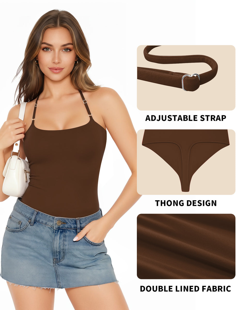 MANGOPOP Halter Neck Tank Thong Bodysuit Coffee
