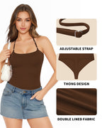 MANGOPOP Halter Neck Tank Thong Bodysuit Coffee