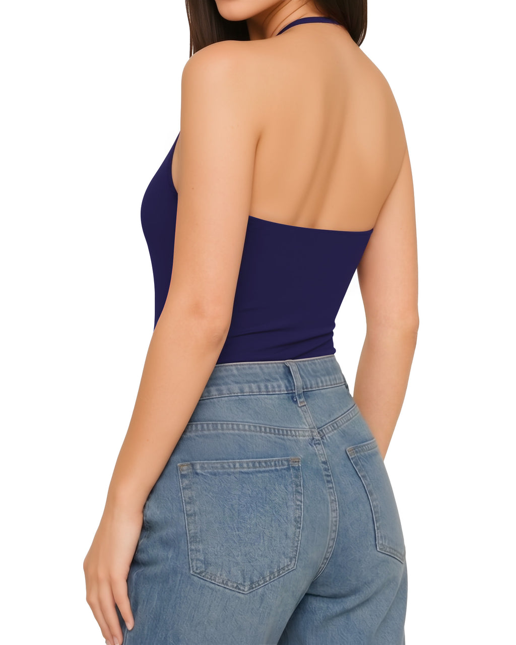MANGOPOP Halter Neck Tank Thong Bodysuit Navy Blue
