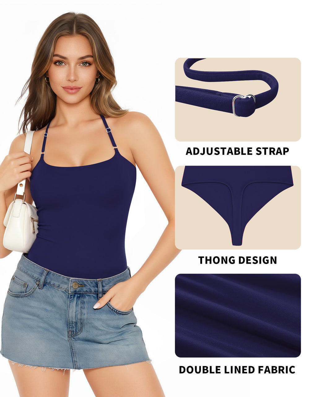 MANGOPOP Halter Neck Tank Thong Bodysuit Navy Blue