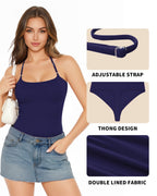 MANGOPOP Halter Neck Tank Thong Bodysuit Navy Blue