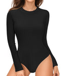 MANGOPOP Long-Sleeve Crew Neck Sweater Slim Fitted Bodysuit Black