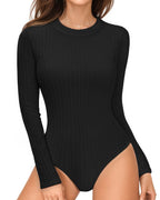 MANGOPOP Long-Sleeve Crew Neck Sweater Slim Fitted Bodysuit Black