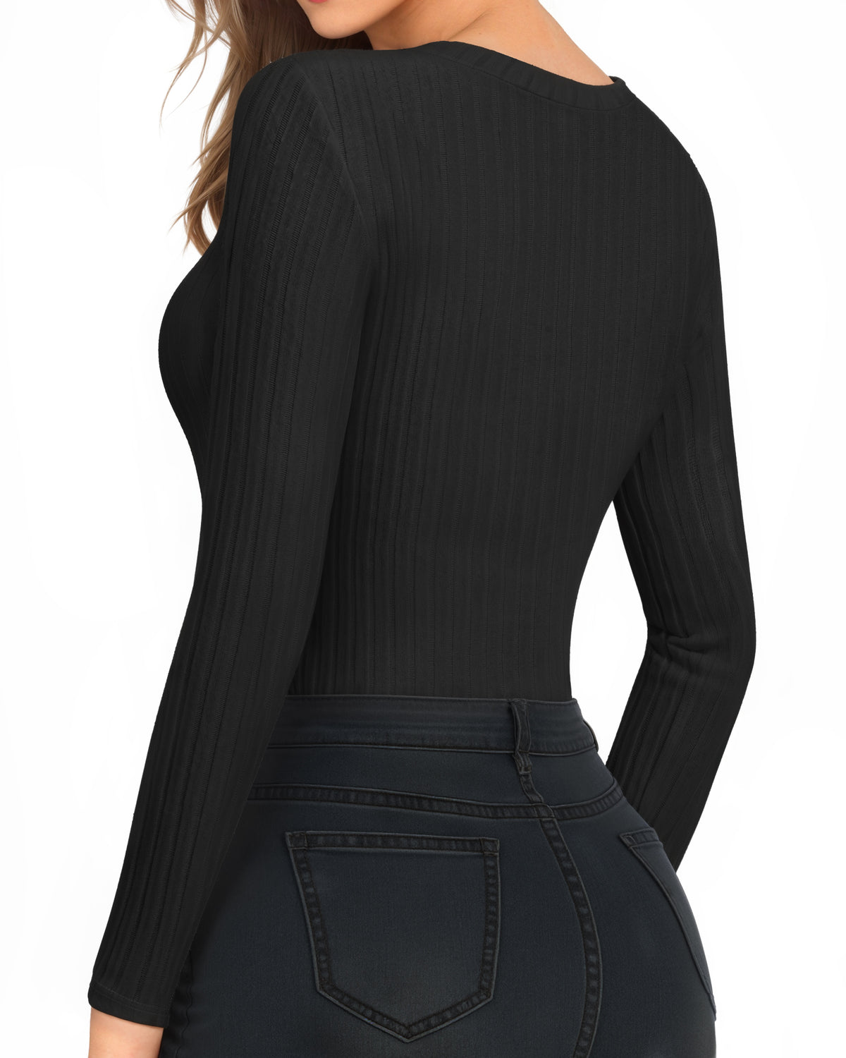 MANGOPOP Long-Sleeve Crew Neck Sweater Slim Fitted Bodysuit Black