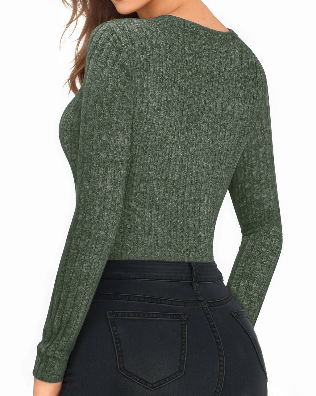 MANGOPOP Long-Sleeve Crew Neck Sweater Slim Fitted Bodysuit Army Green