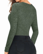 MANGOPOP Long-Sleeve Crew Neck Sweater Slim Fitted Bodysuit Army Green