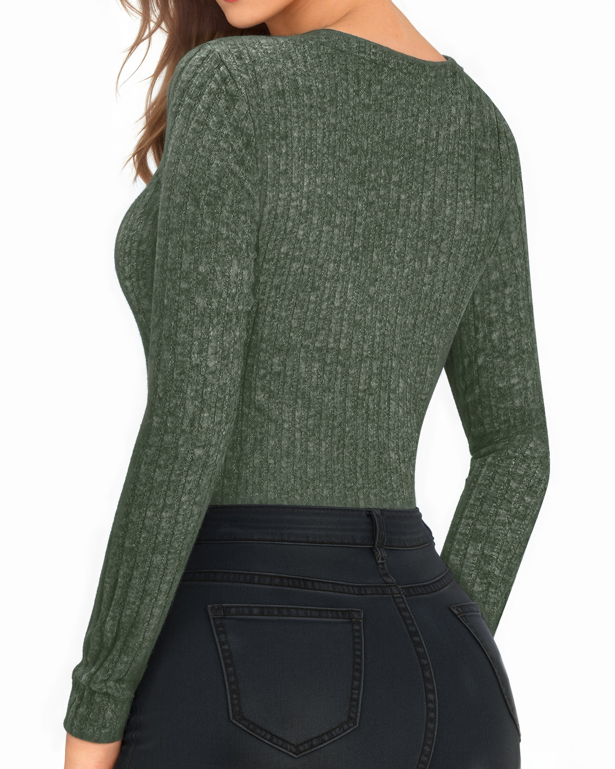 MANGOPOP Long-Sleeve Crew Neck Sweater Slim Fitted Bodysuit Army Green
