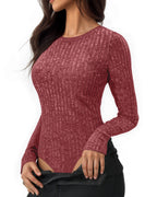 MANGOPOP Long-Sleeve Crew Neck Sweater Slim Fitted Bodysuit Burgundy