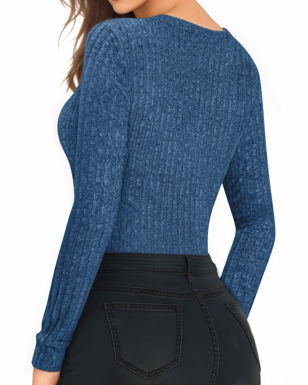 MANGOPOP Long-Sleeve Crew Neck Sweater Slim Fitted Bodysuit Deep Blue