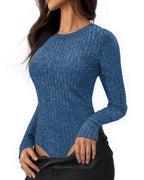 MANGOPOP Long-Sleeve Crew Neck Sweater Slim Fitted Bodysuit Deep Blue
