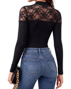 MANGOPOP Lace Mock Neck Long-Sleeve Thong Bodysuit Black