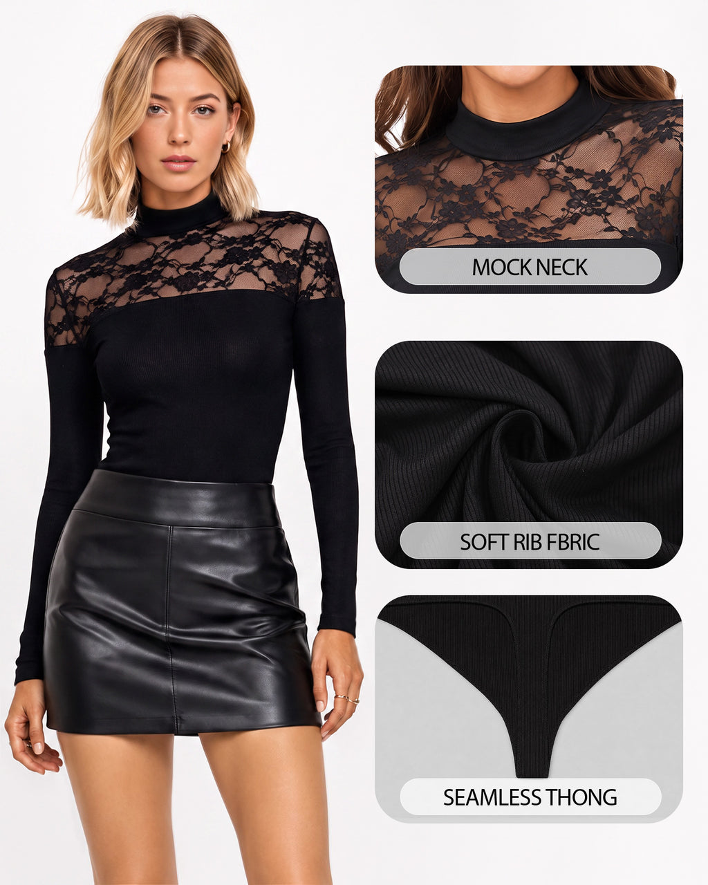 MANGOPOP Lace Mock Neck Long-Sleeve Thong Bodysuit Black