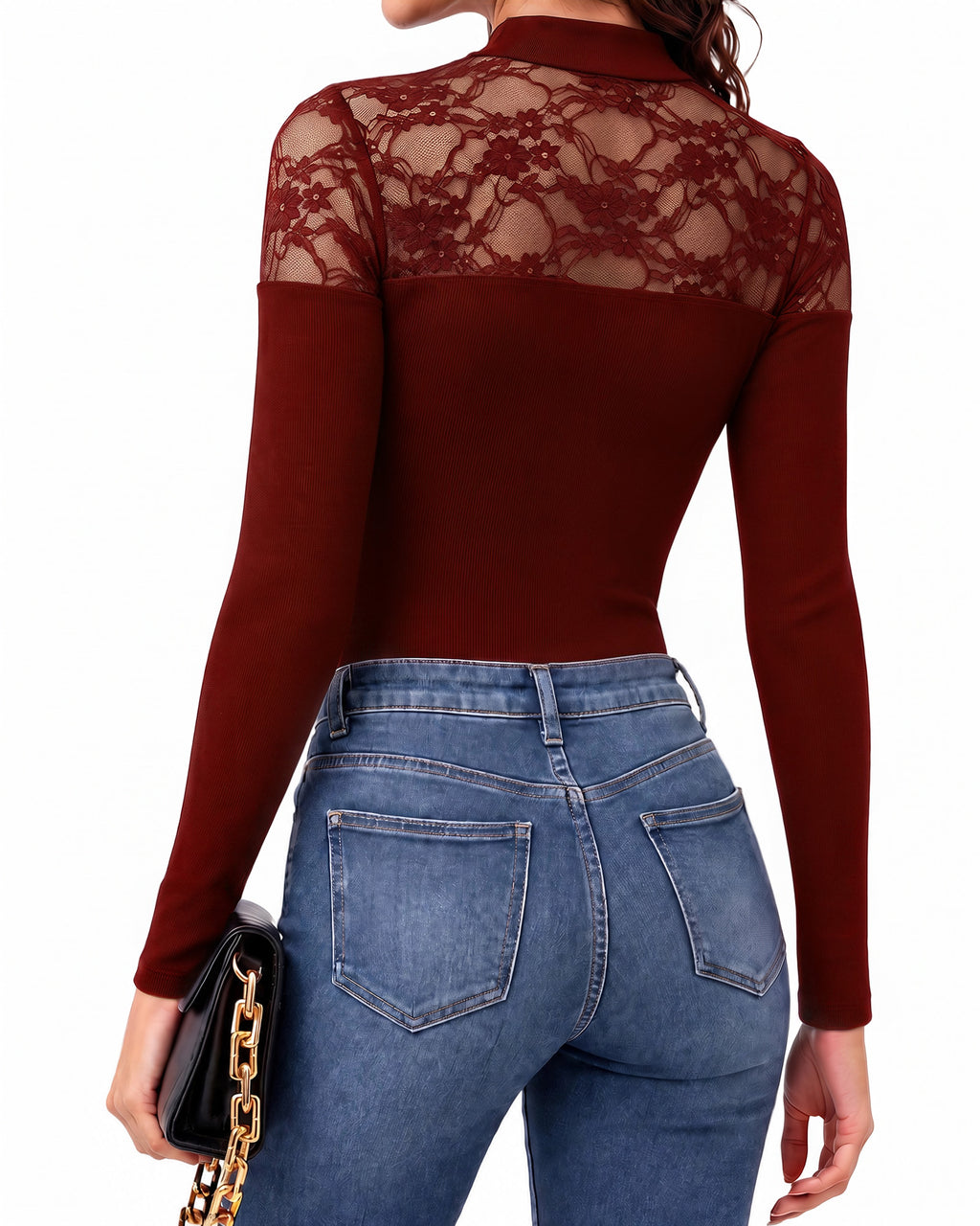 MANGOPOP Lace Mock Neck Long-Sleeve Thong Bodysuit Burgundy
