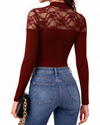 MANGOPOP Lace Mock Neck Long-Sleeve Thong Bodysuit Burgundy
